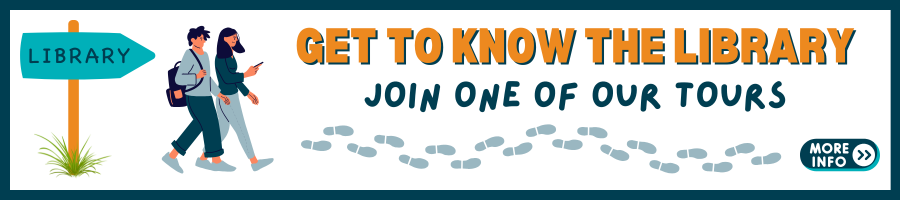 Banner inviting to join library tours with illustrations of people, a signpost, and text. Click for more info.